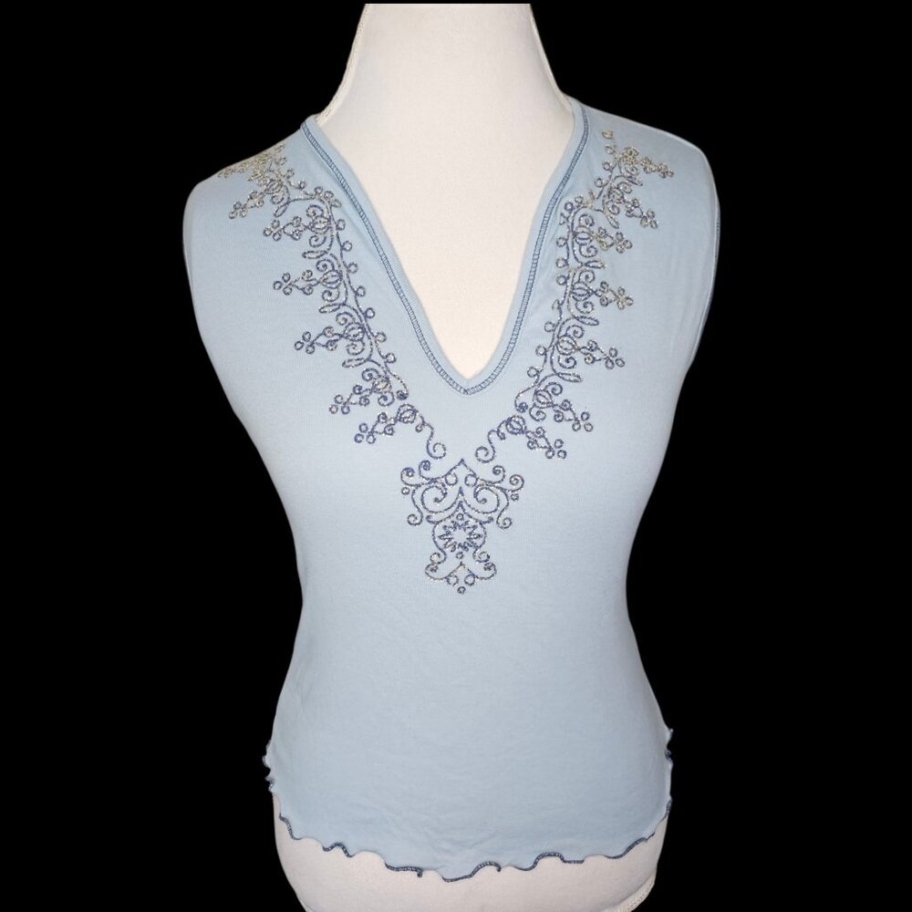 Y2K FANG Light Blue Tank Top Shirt Sleeveless Vneck Glitter Lettuce Hem Sz M